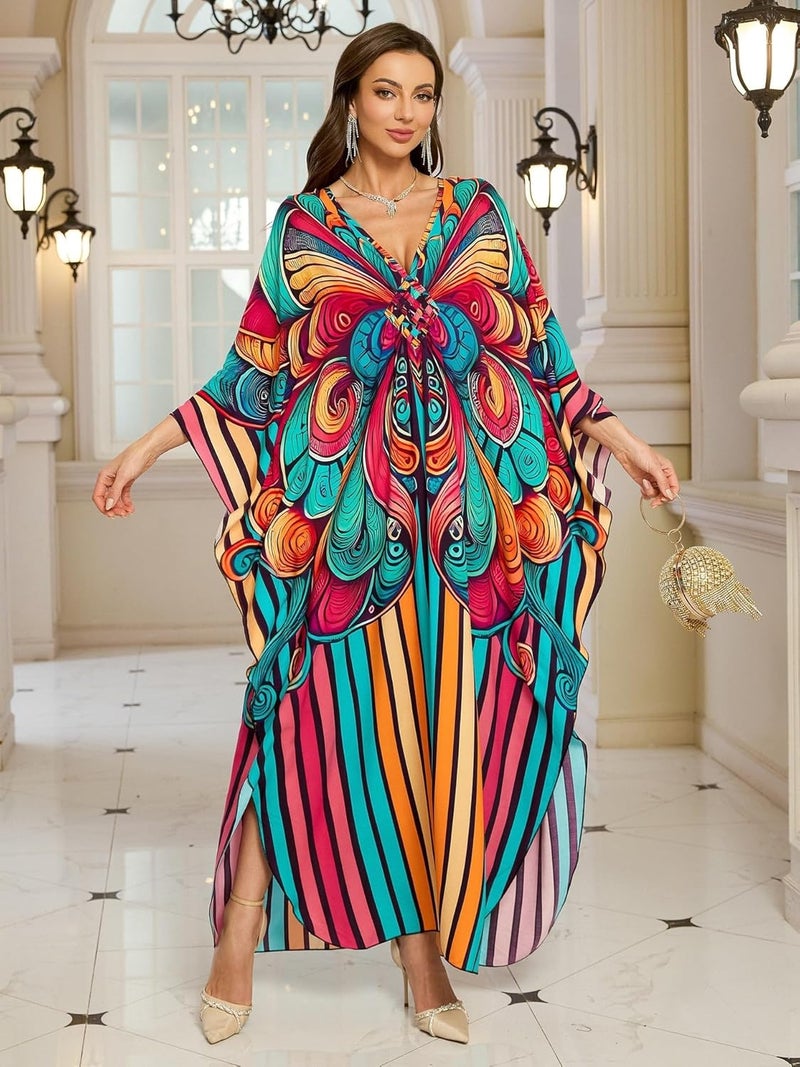 KEYLORTING Women’s Kaftan Beach Cover Up Dress Plus Size Summer Swimsuit Loungewear Maxi Dress - Image 3